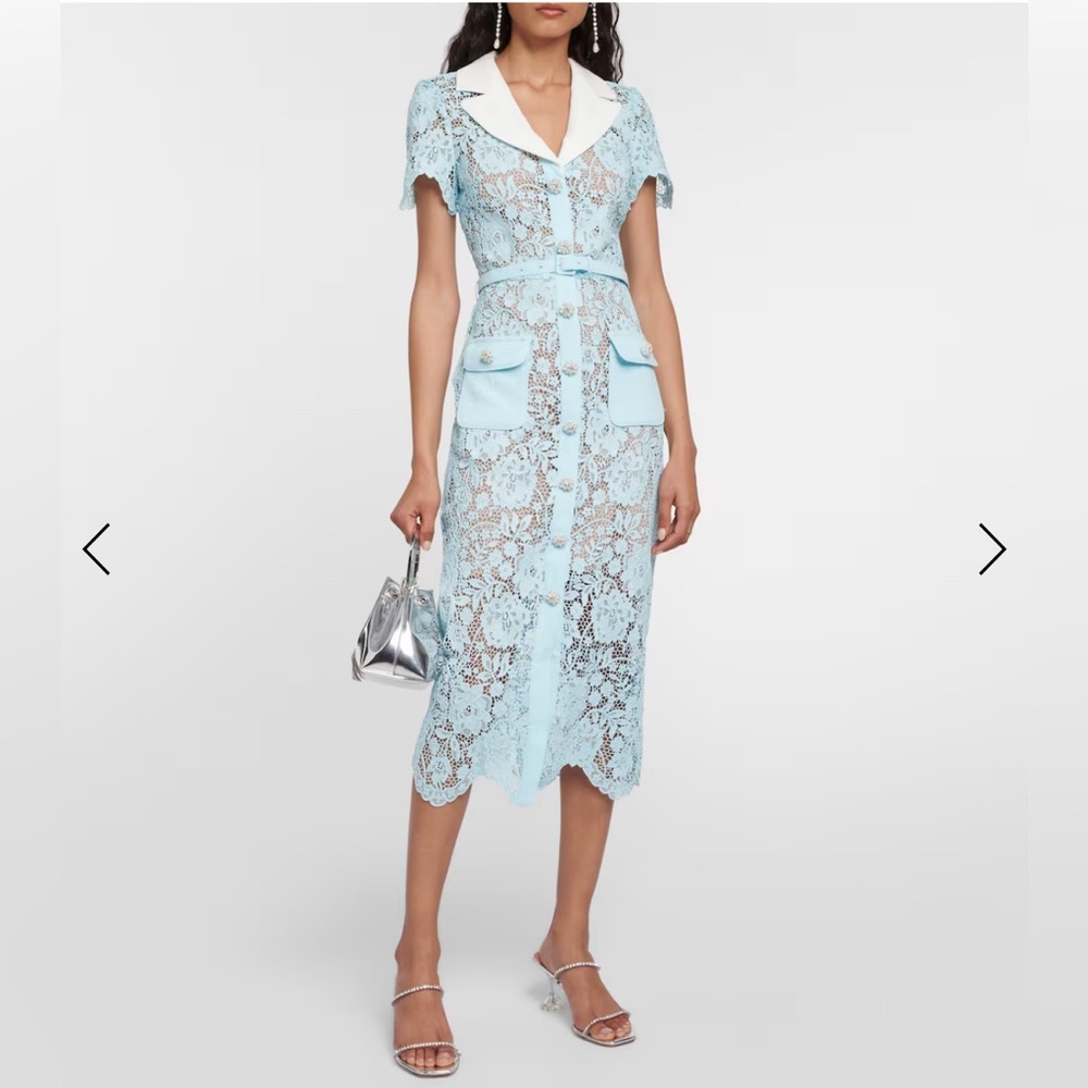 Self Portrait Blue Lace Midi Dress with Belt and Slip Size 4